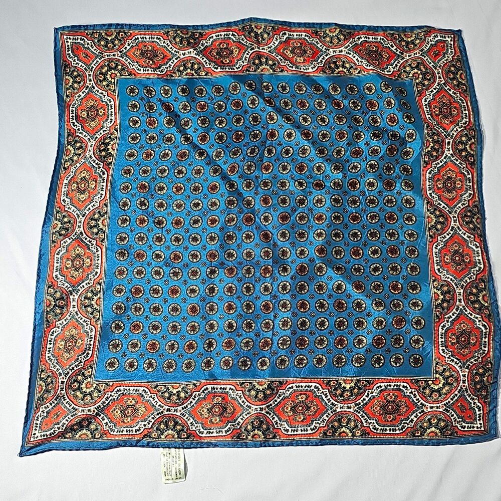Vtg 60s 70s Acetate Scarf Paisley Blue Red Medallion Hand Rolled Made In Japan